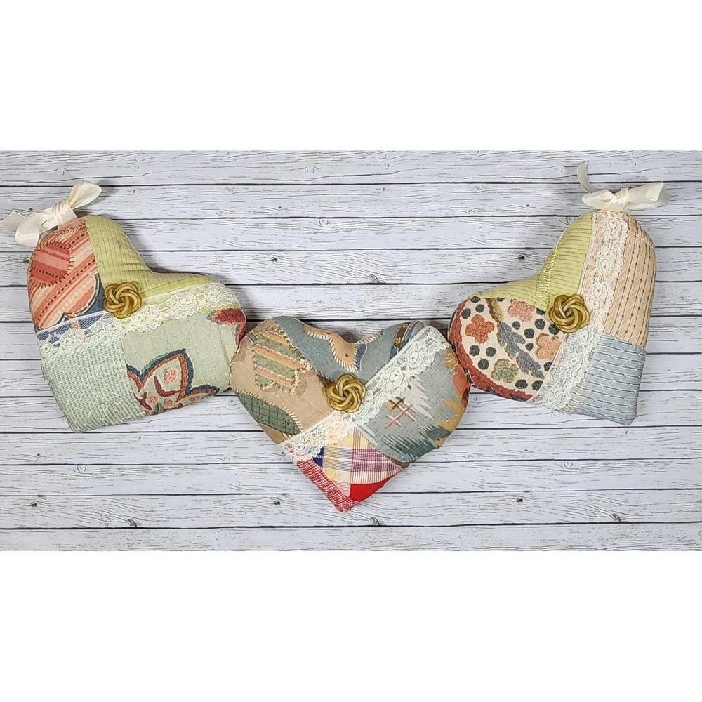 Vintage Patchwork Heart Pillow Garland Handmade Cottagecore Shabby Romantic